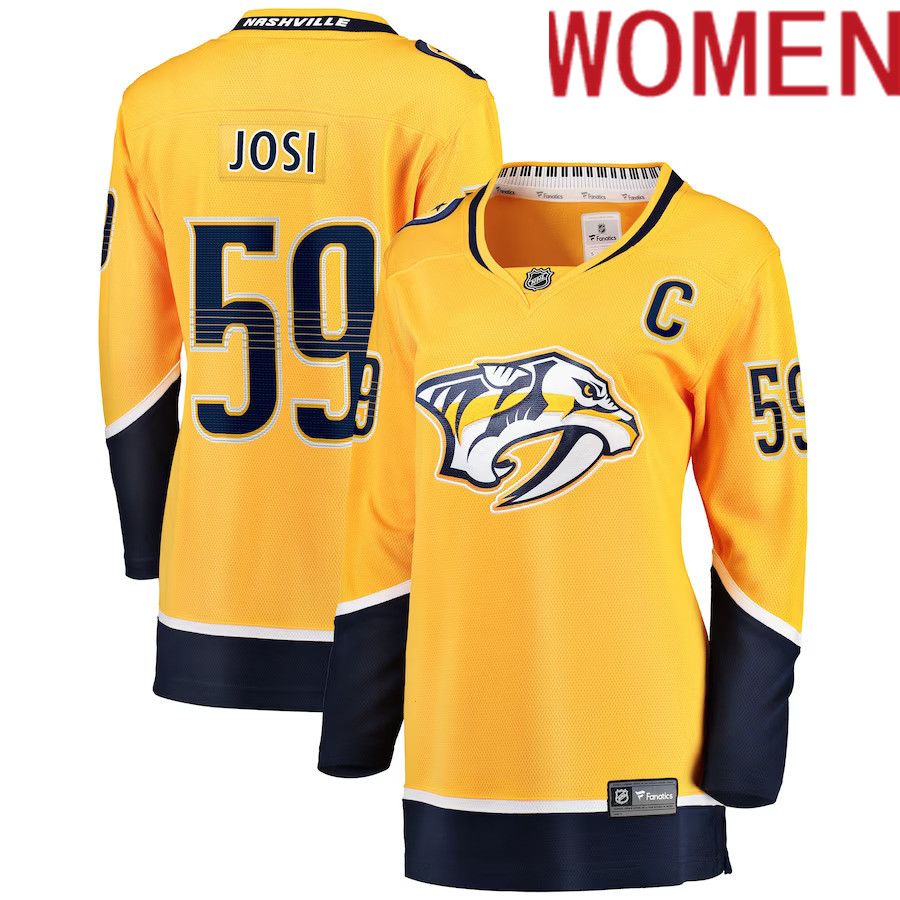 Women Nashville Predators #59 Roman Josi Fanatics Branded Gold Premier Breakaway Player NHL Jersey->women nhl jersey->Women Jersey